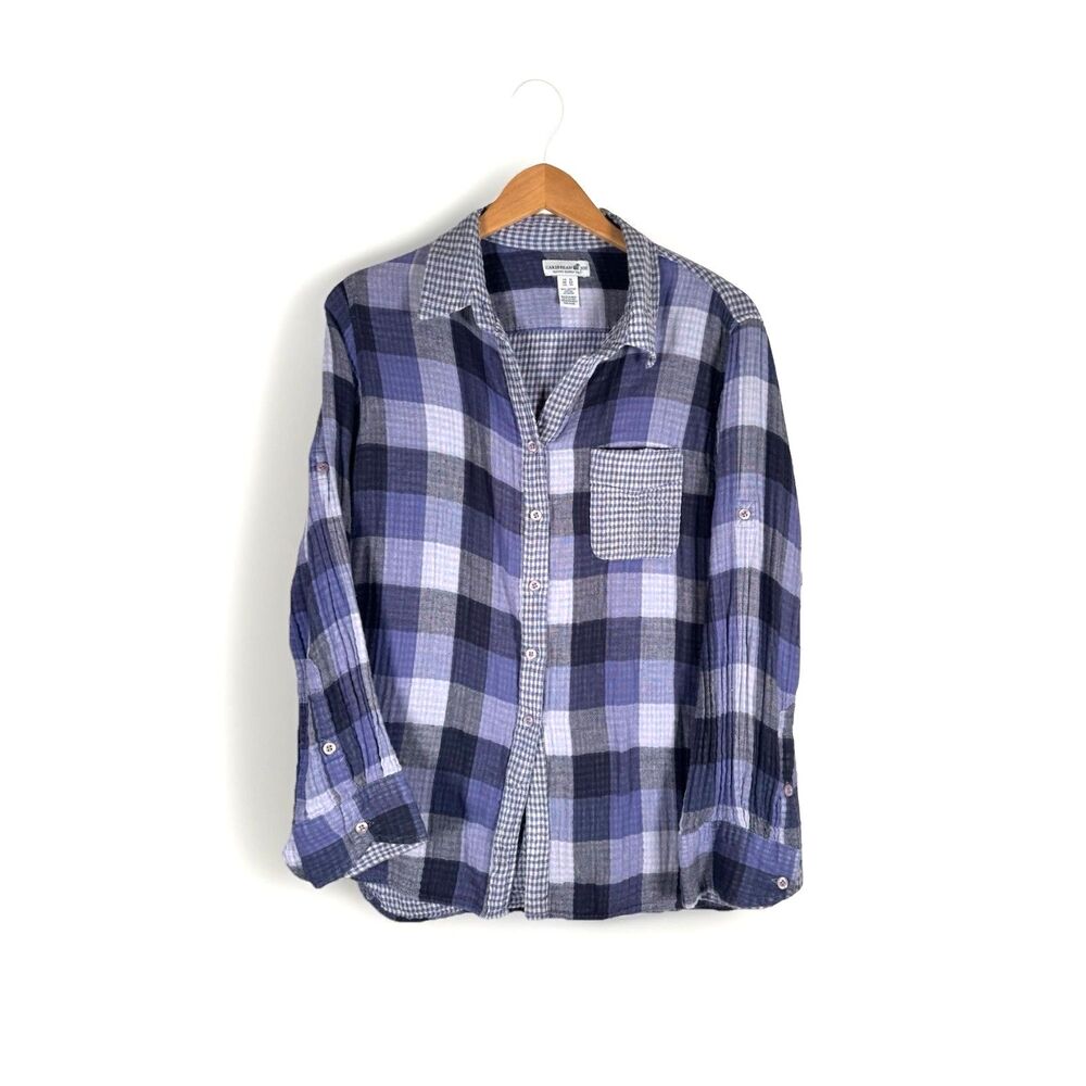 Lightweight Plaid Button Up Shirt Beach Cover Up Coastal Oversized Blue Resort